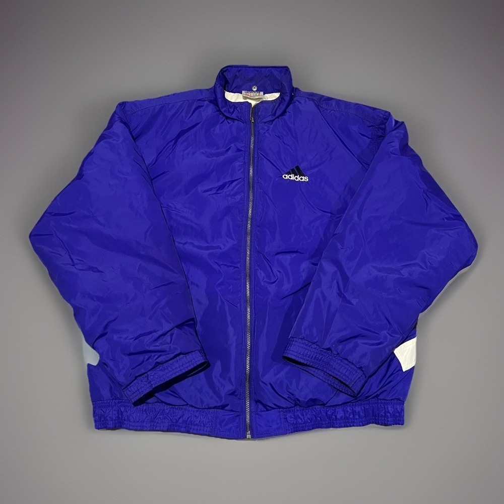 Vintage Adidas Mens Purple Puffer Full Zip Windbreaker Jacket Stripe Retro 2XL